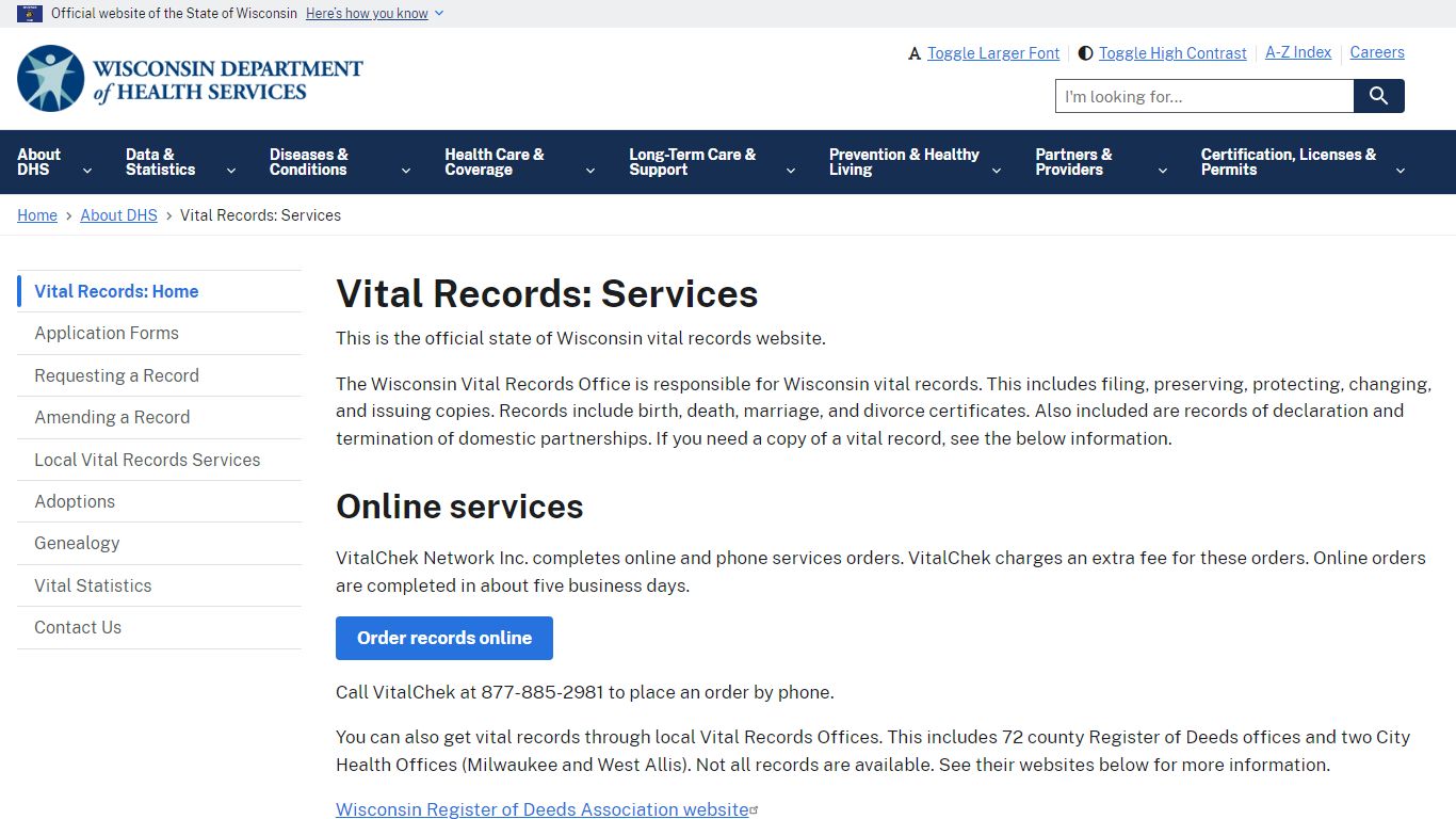 Vital Records: Services | Wisconsin Department of Health Services